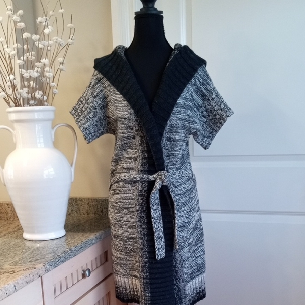 Talbots Black and Gray Long Hooded Cardigan Belted Sweater. Size S/M